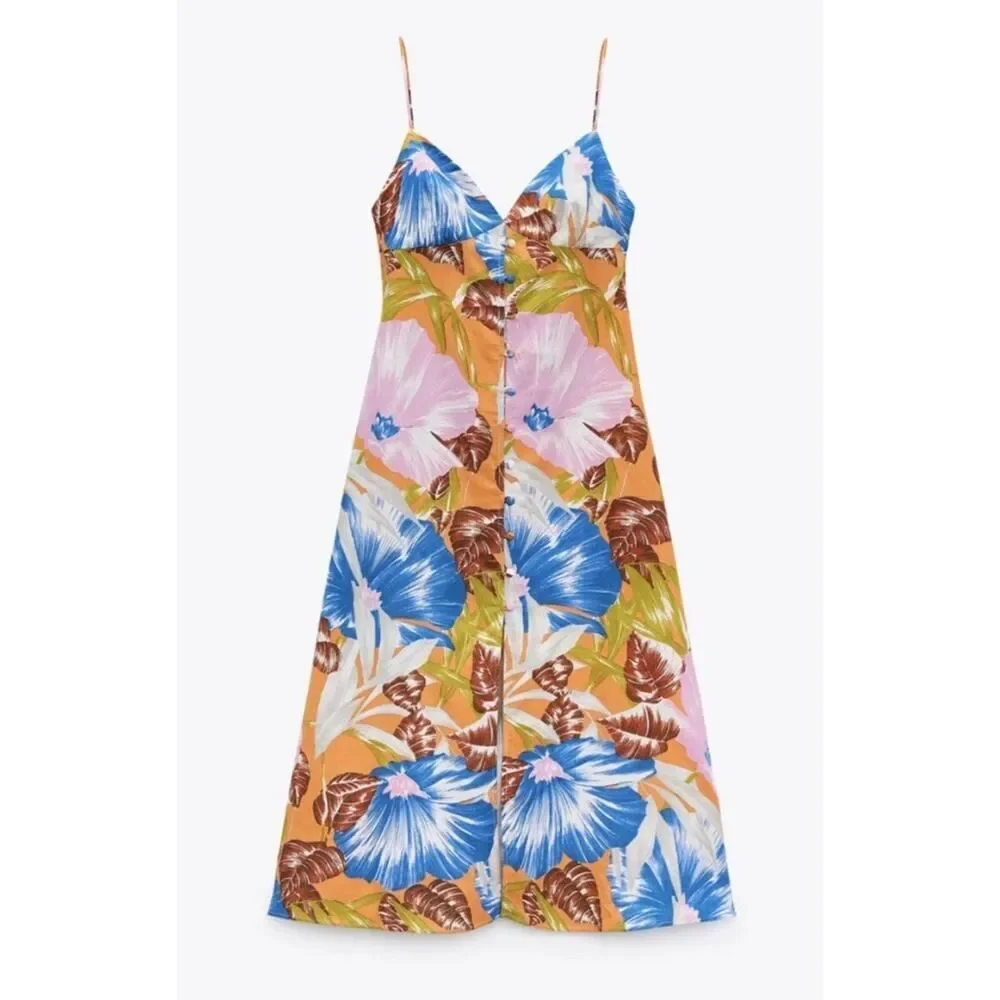 NWT Zara Tropical Floral Midi Dress Linen Blend Blogger Favorite Summer L
